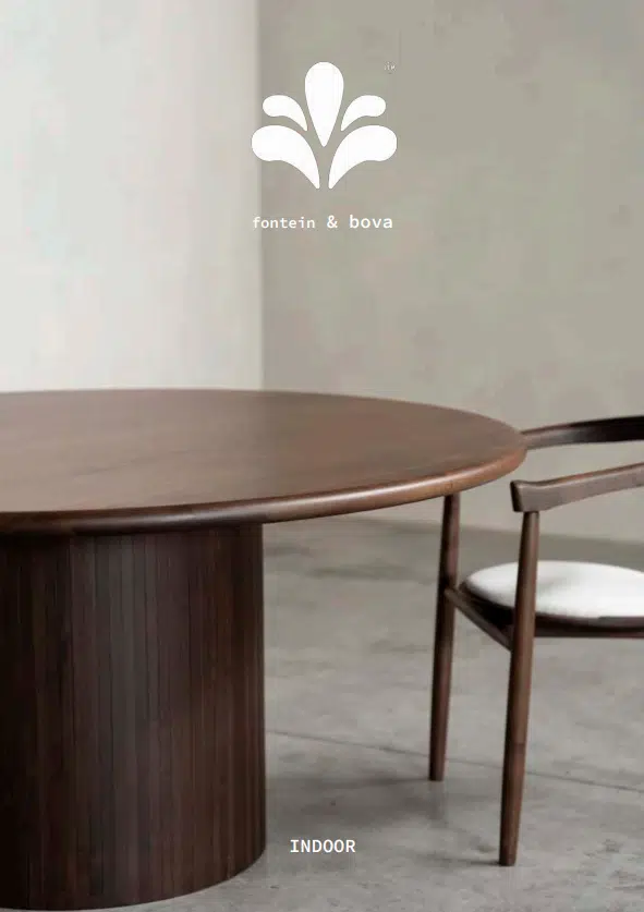 Fontein & Bova indoor collection 2026 – round walnut dining table with ribbed pedestal base and elegant wooden chair