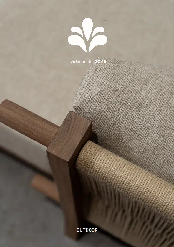 Fontein & Bova outdoor collection catalogue cover featuring a close-up of a walnut wood chair with woven rope armrest and lin